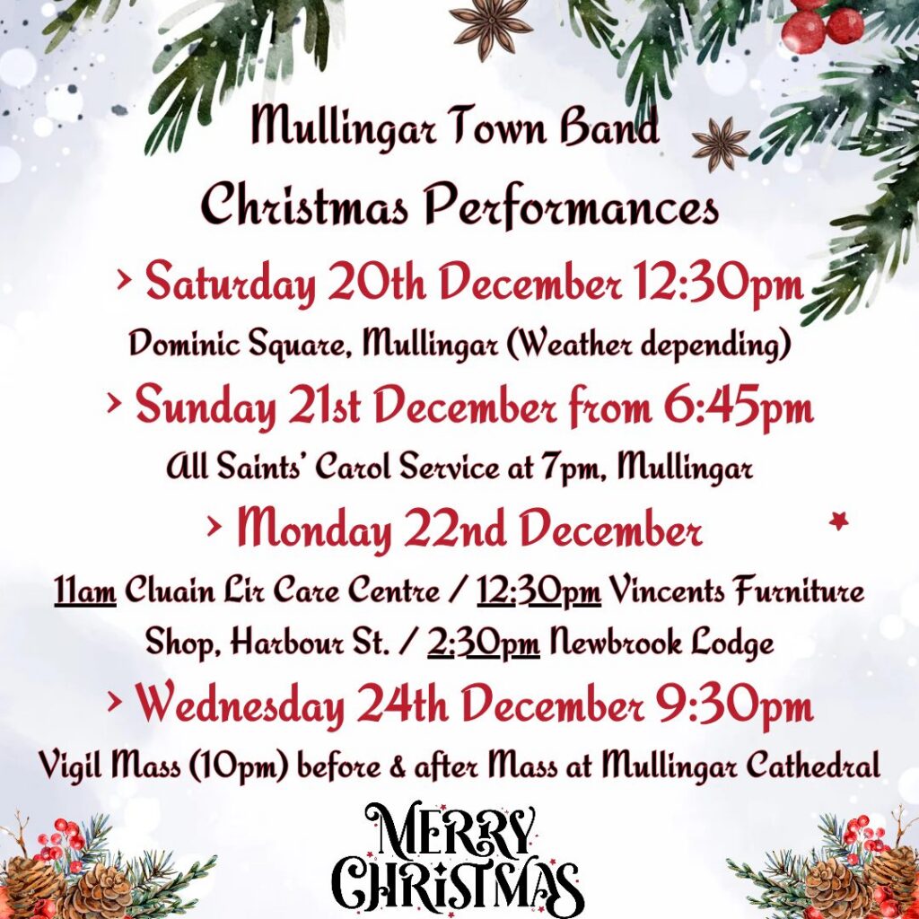 Mullingar Town Band carolling dates December 2025